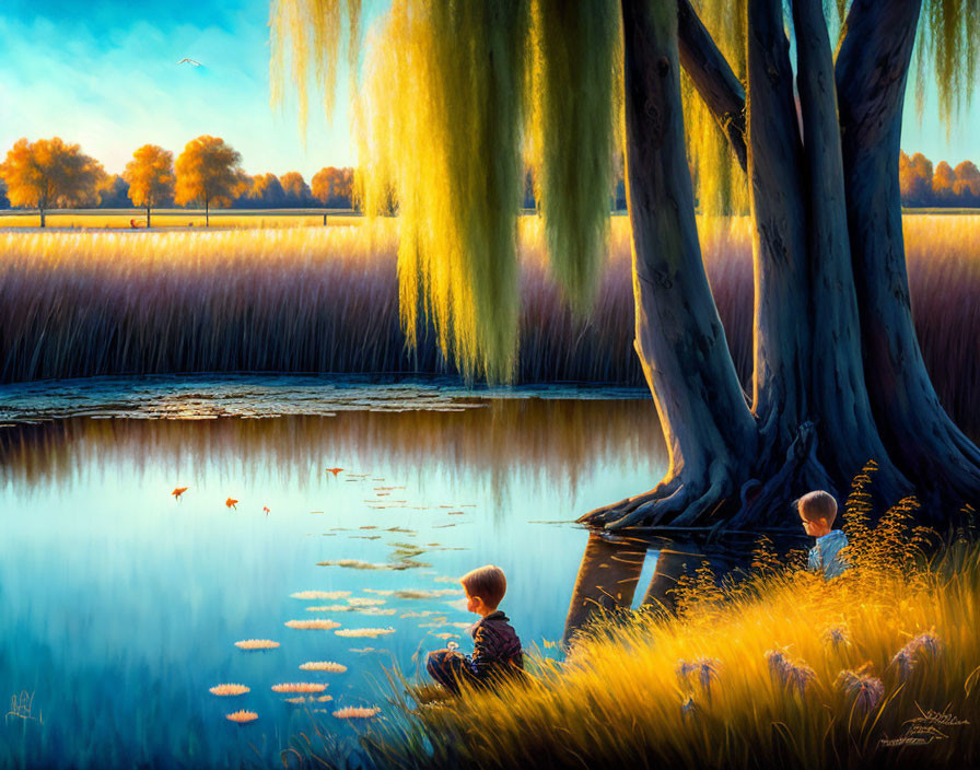 Children by serene lake at sunset with willow tree