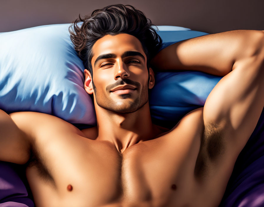 Shirtless man with dark hair lying in bed, hands behind head, smiling