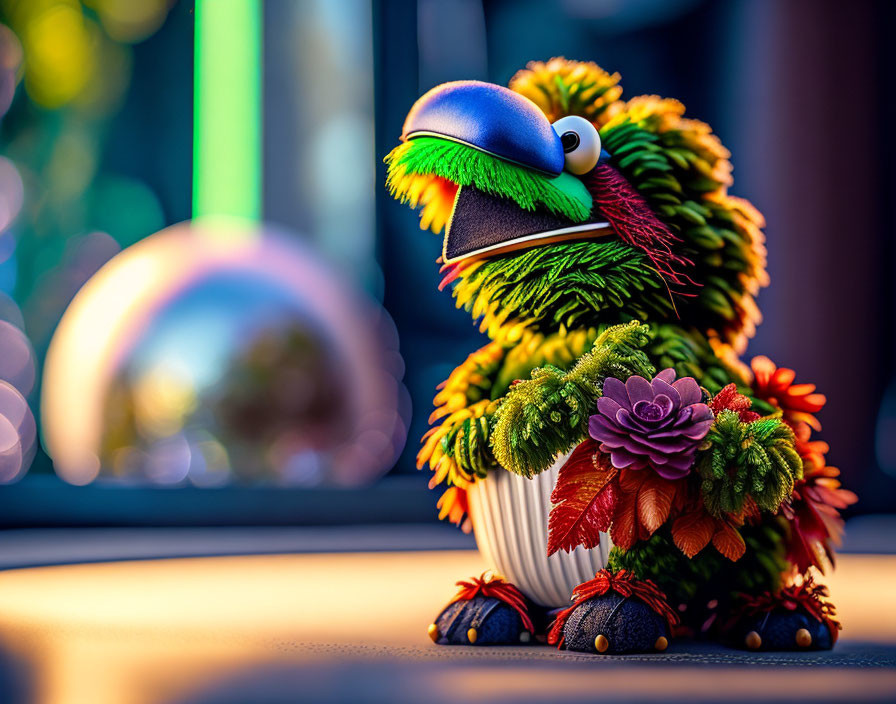 Colorful Plush Toy Bird with Blue Hat and Flower Pot on Crystal Ball Background