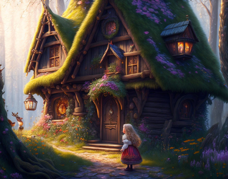 Young girl in red cloak at quaint cottage in lush forest glade