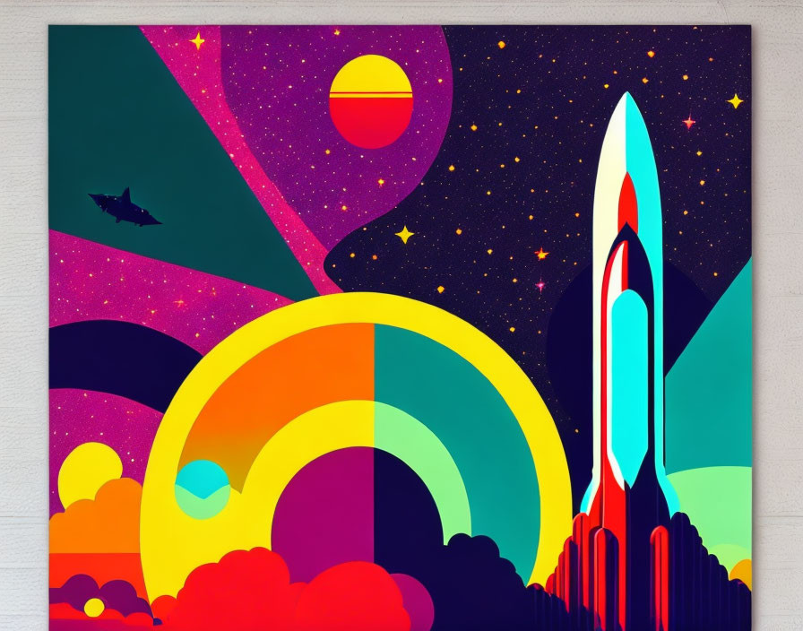 Colorful Rocket Launch Artwork with Planetary Bodies and Spaceship