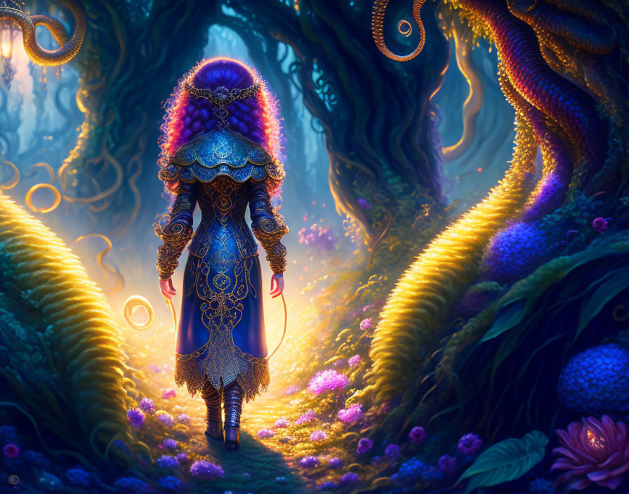 Character in ornate blue outfit in magical forest with glowing plants