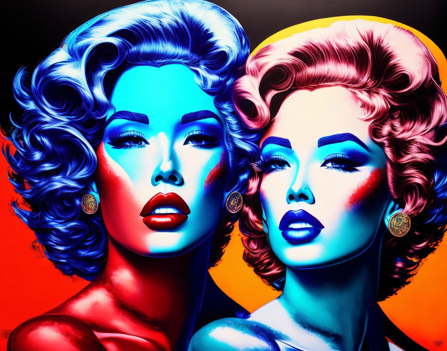 Vibrant art: Two women with vintage hairstyles in blue and red tones