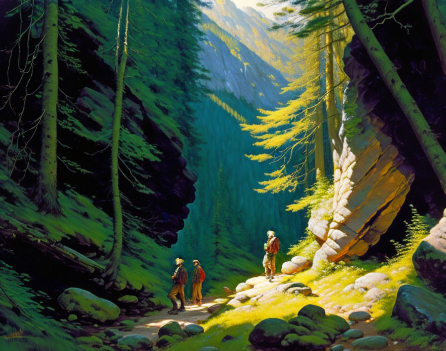 Hikers in lush green forest with towering trees