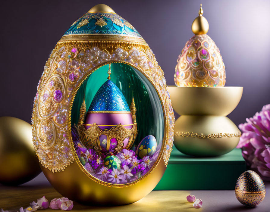 Intricate Fabergé egg with gold details, showcasing smaller eggs and flowers on a purple background