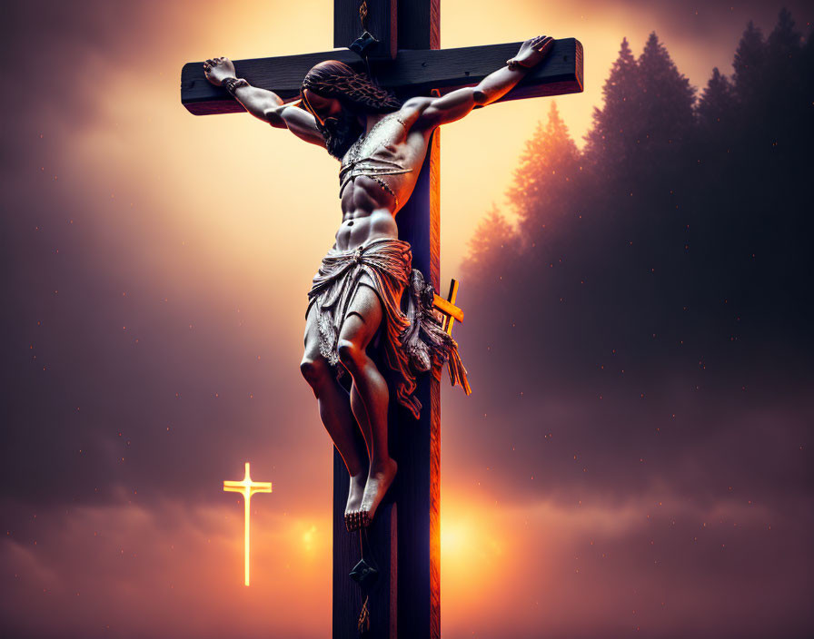 Figure on Cross Against Dusk Sky with Silhouetted Trees