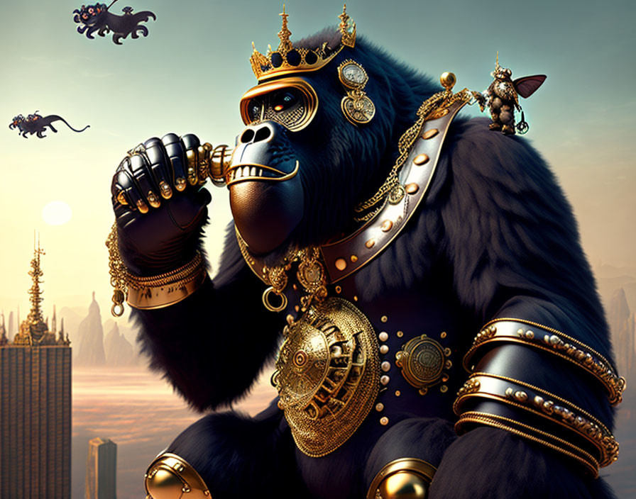 Regal gorilla in golden armor with cityscape backdrop and winged companion