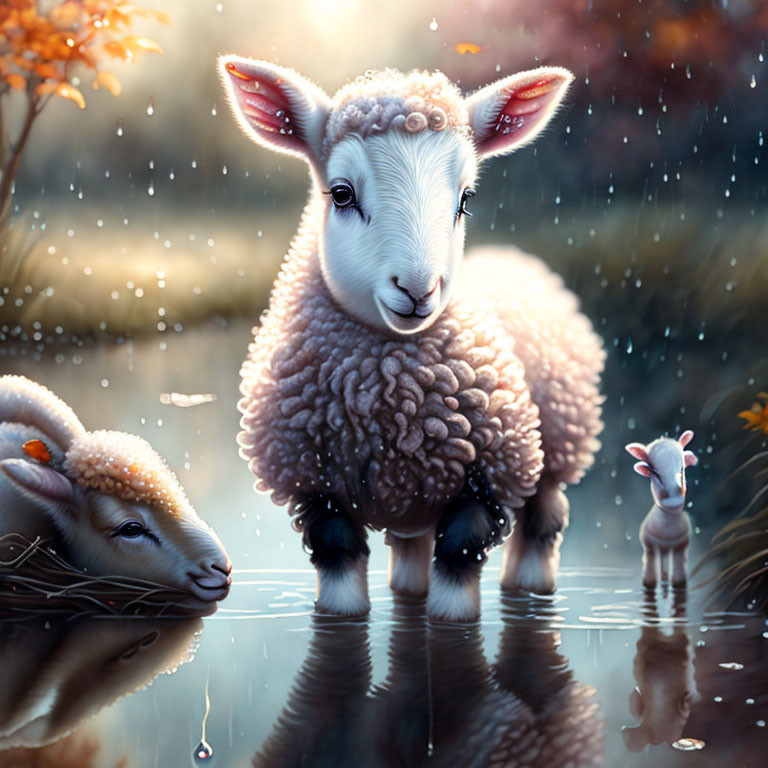 Exaggerated wool cartoon sheep in mystical forest ambiance