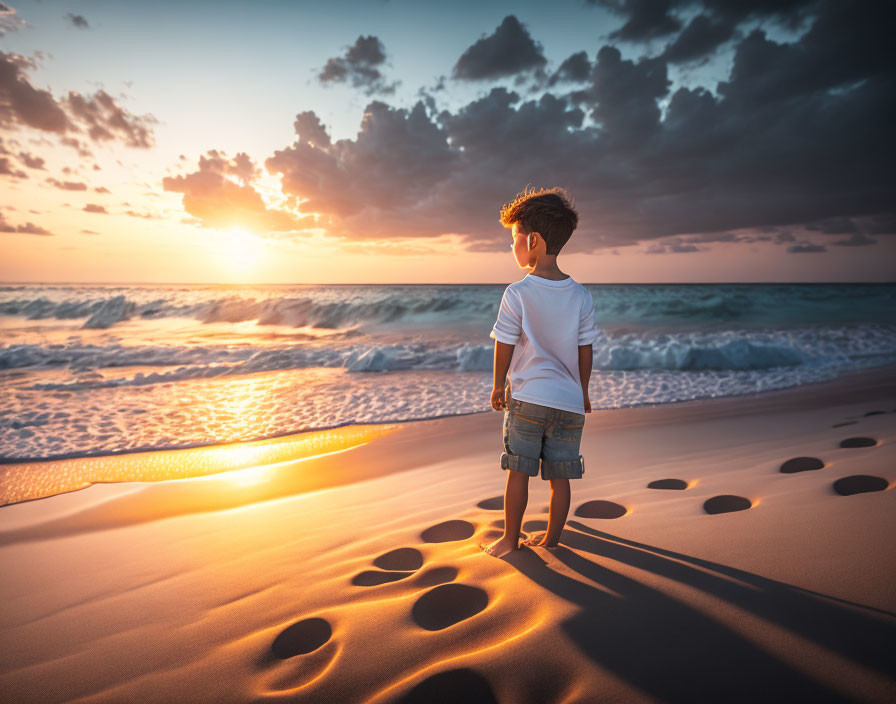 Child on Sandy Beach at Sunset with Footprints and Ocean Waves