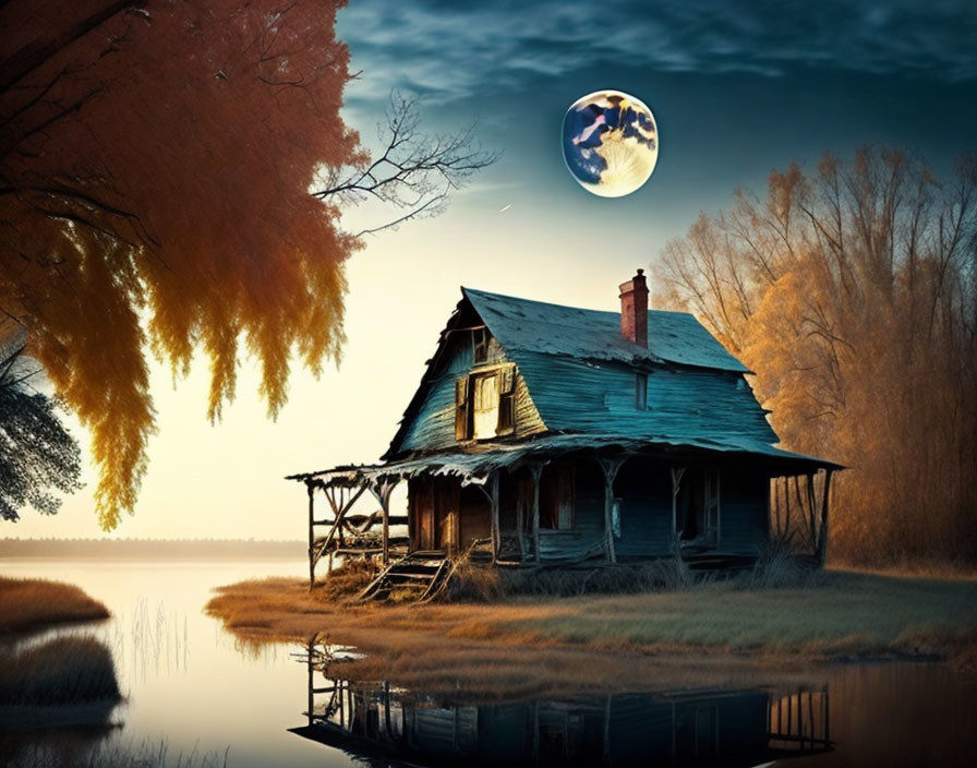 Serene Lake Twilight Scene with Old Wooden House