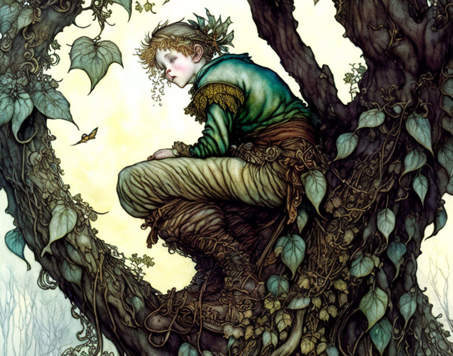 Illustrated character in green outfit among tree branches and vines