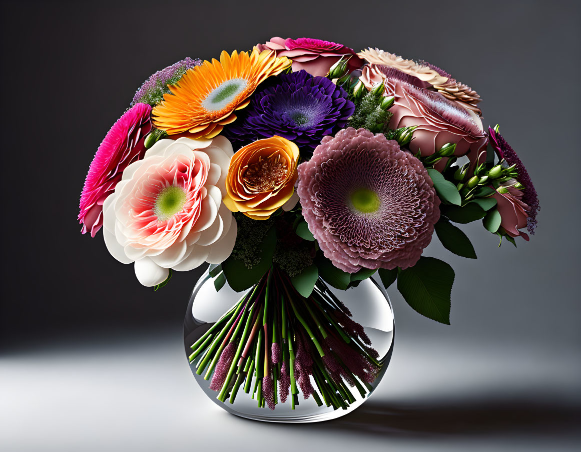 Colorful bouquet of gerberas and roses in silver vase on gray background