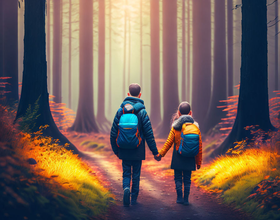 Children walking hand-in-hand in sunlit forest with towering trees