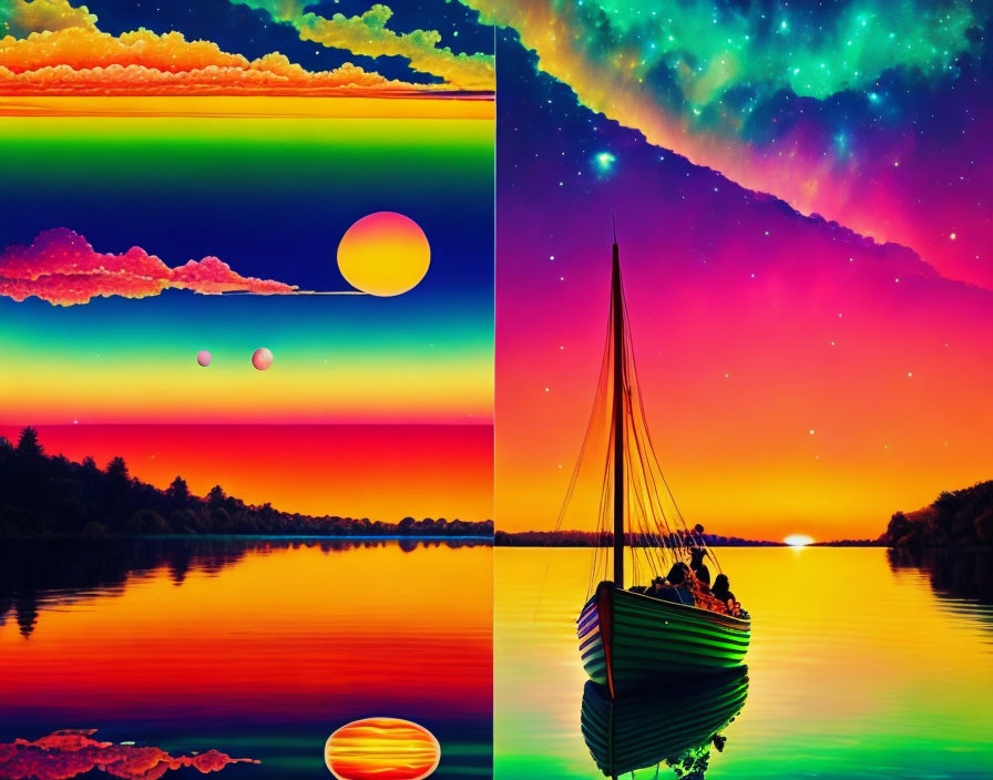 Vibrant digital art: surreal landscapes with sunset and sailboat under starry sky