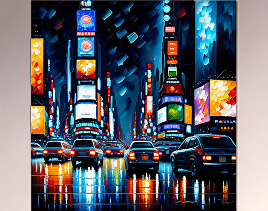 Vibrant expressionist cityscape painting with bustling night street scene