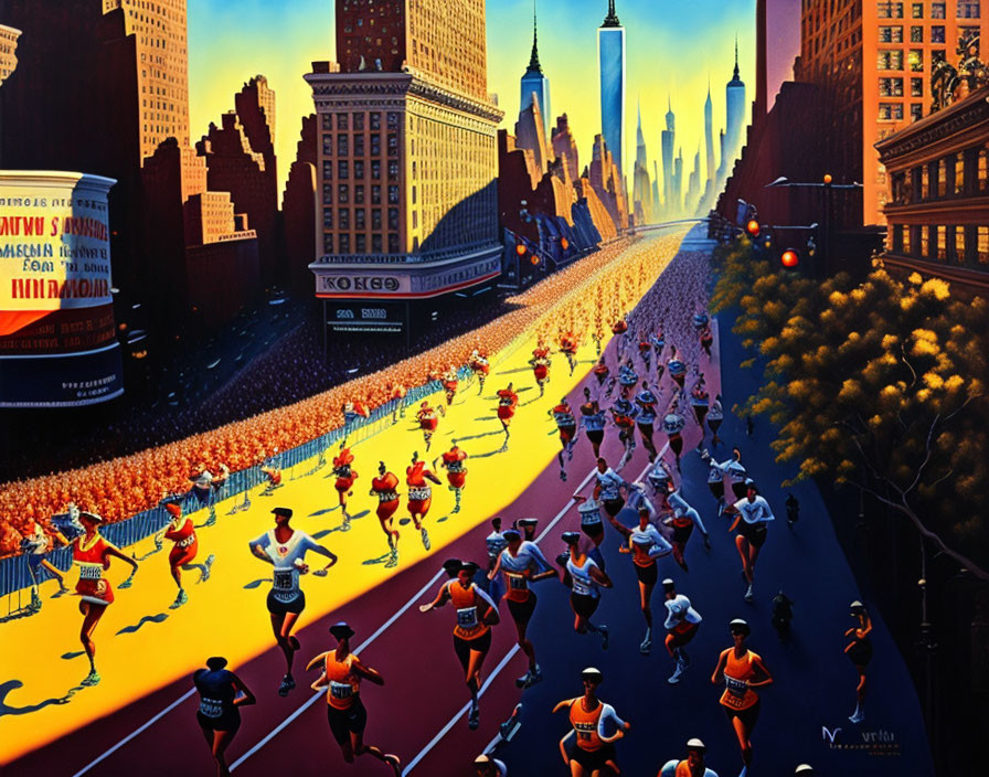 Marathon runners race through sunlit city street.