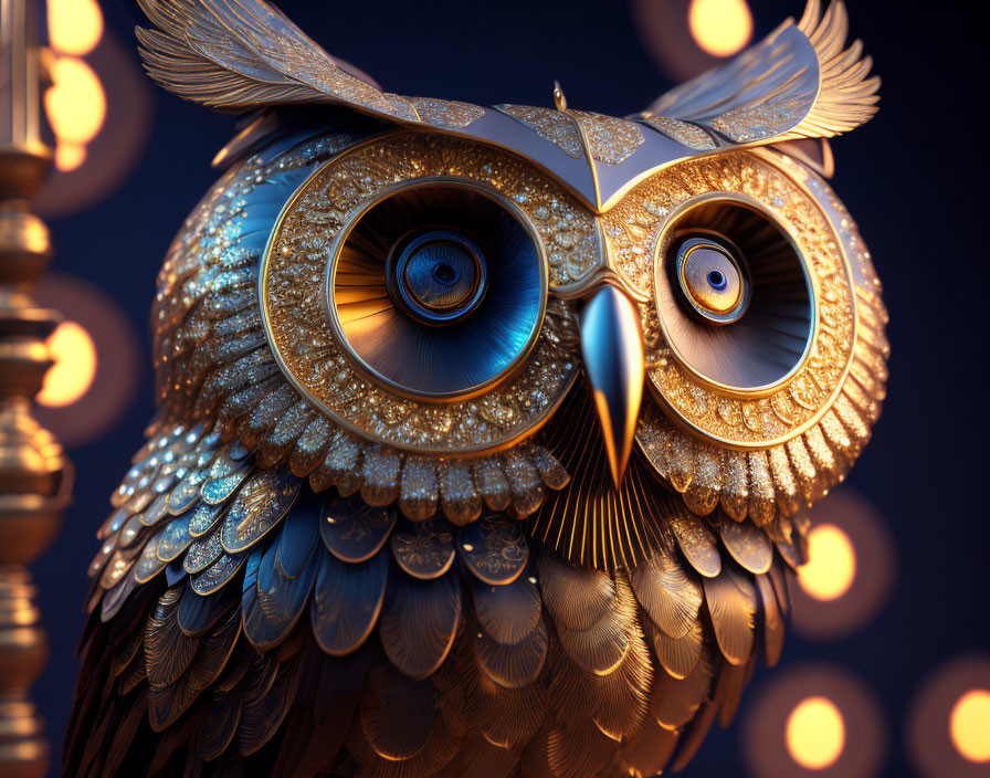 Detailed 3D Illustration of Ornate Golden Owl with Intricate Eyes