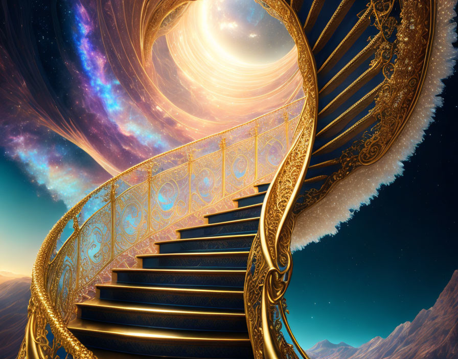 Golden ornate staircase spiraling into cosmic sky with stars and galaxy