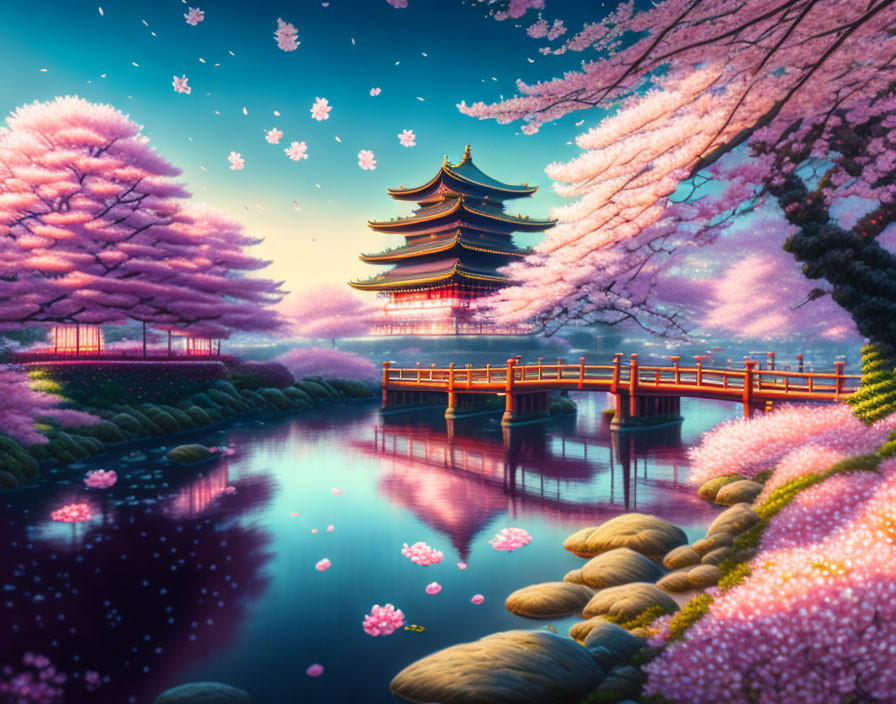 Tranquil cherry blossom pagoda scene with pond and bridge