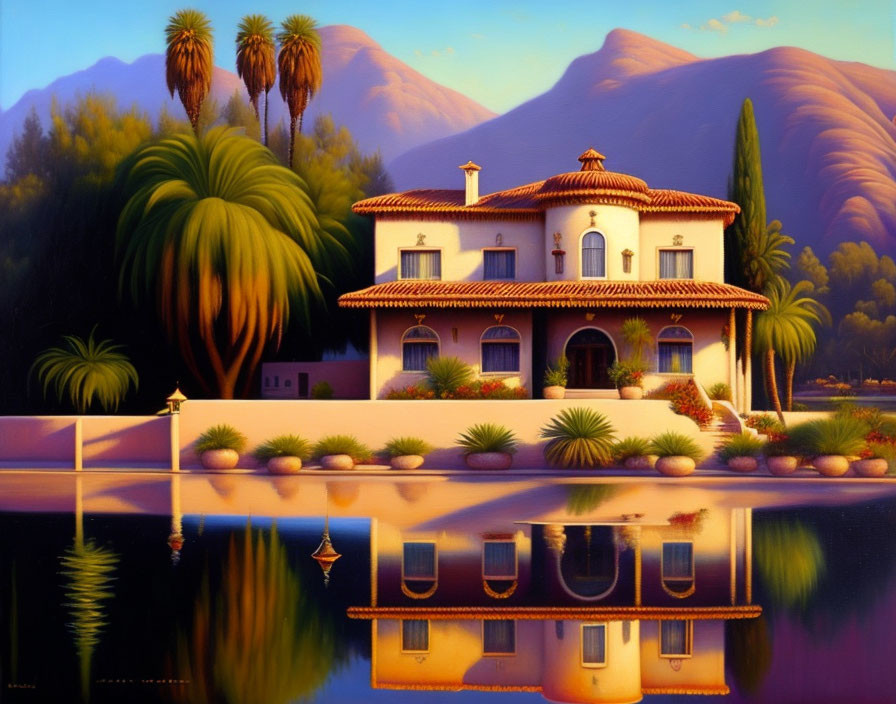 Spanish-style villa painting with reflective pool, palm trees, and mountains.