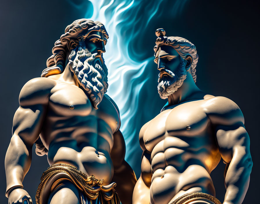 Muscular sculpted figures with beards and blue energy stream facing each other