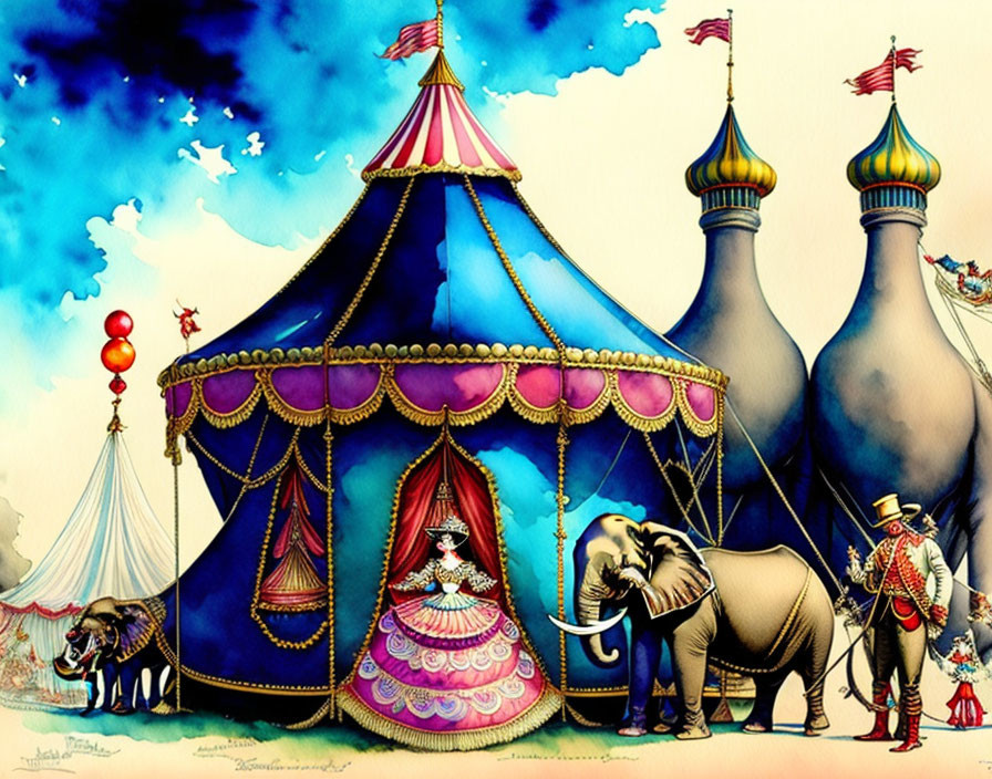 Vibrant circus scene with ringmaster, ballerina, and elephant under blue sky