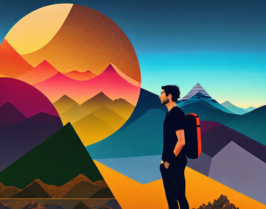 Man with backpack in front of colorful mountain landscape under segmented sun/moon.