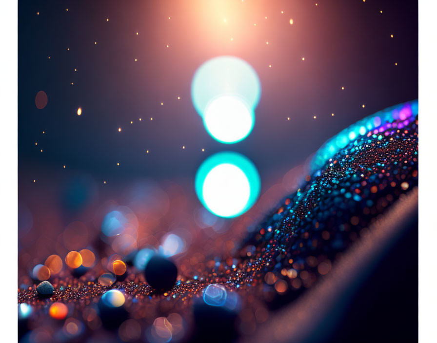 Vibrant Bokeh Lights and Glitter Particles on Dark Surface