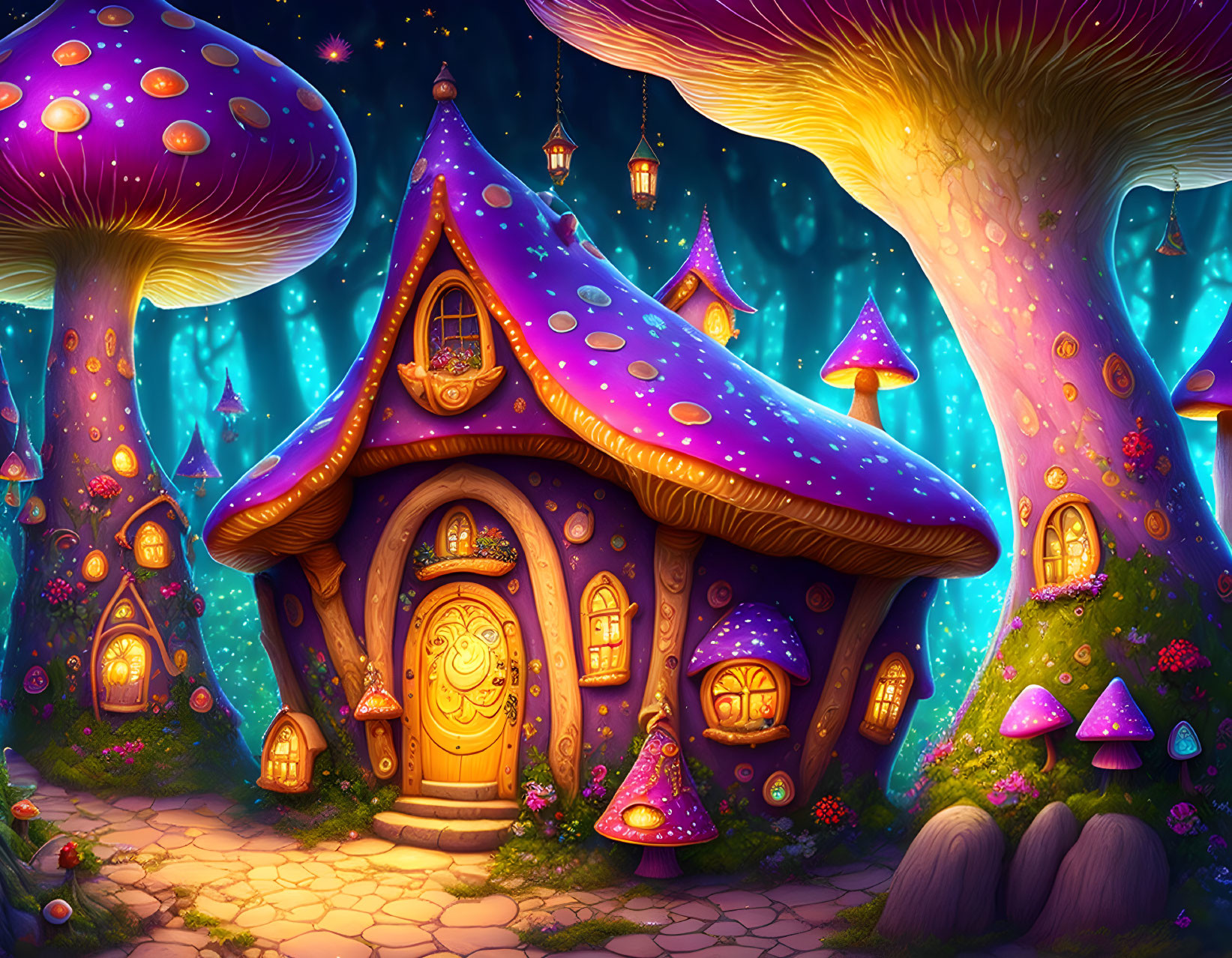 Colorful night scene with mushroom house in magical forest