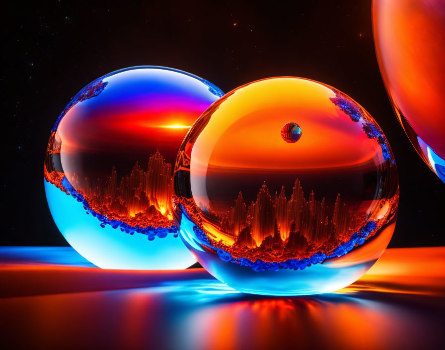 Reflective spheres with cityscape silhouettes in cosmic backdrop.