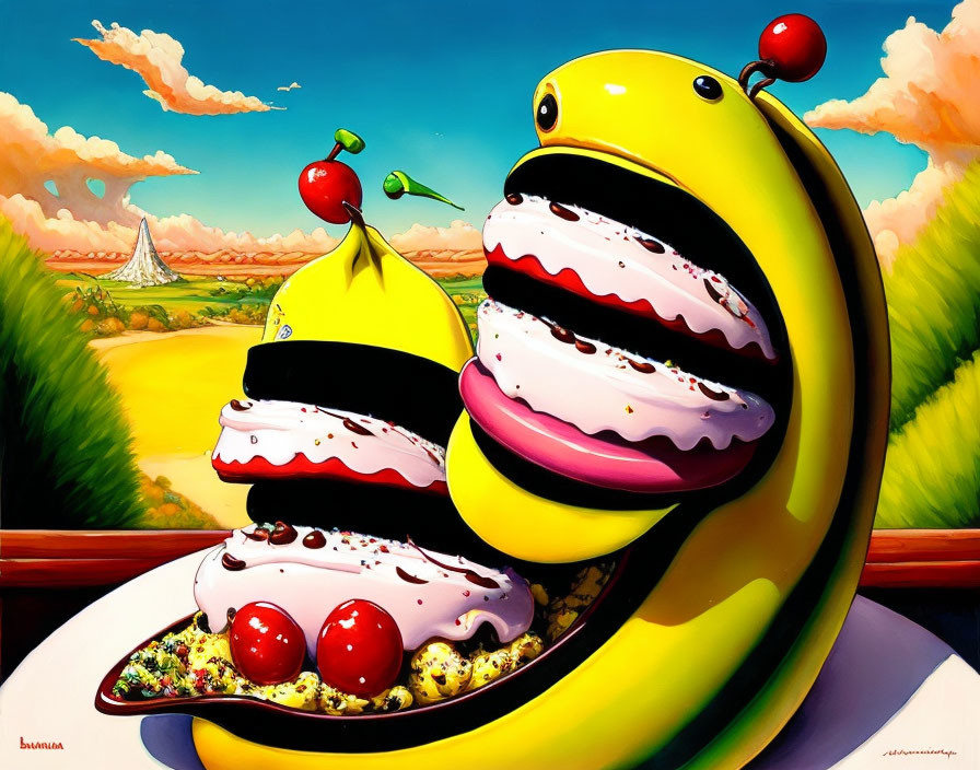 Colorful anthropomorphic bananas with whipped cream and cherries on a plate in surreal painting