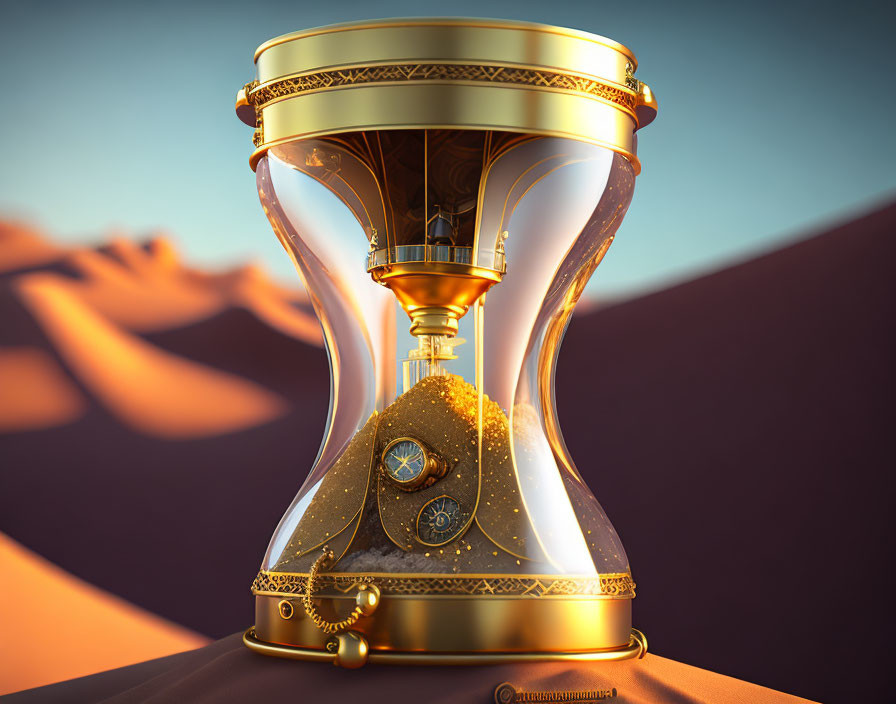 Golden-trimmed ornate hourglass in desert dunes at dusk