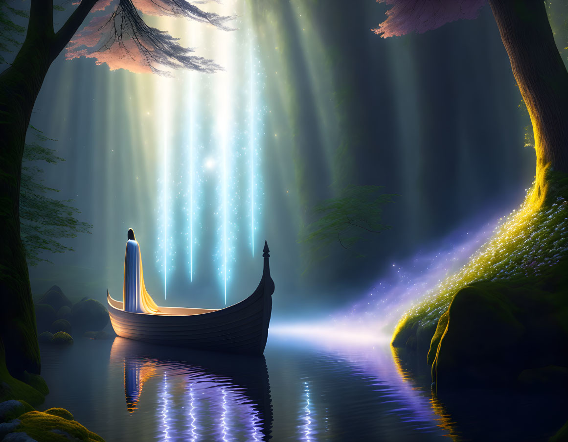 Digital art: Person in boat on tranquil forest river under ethereal sunlight