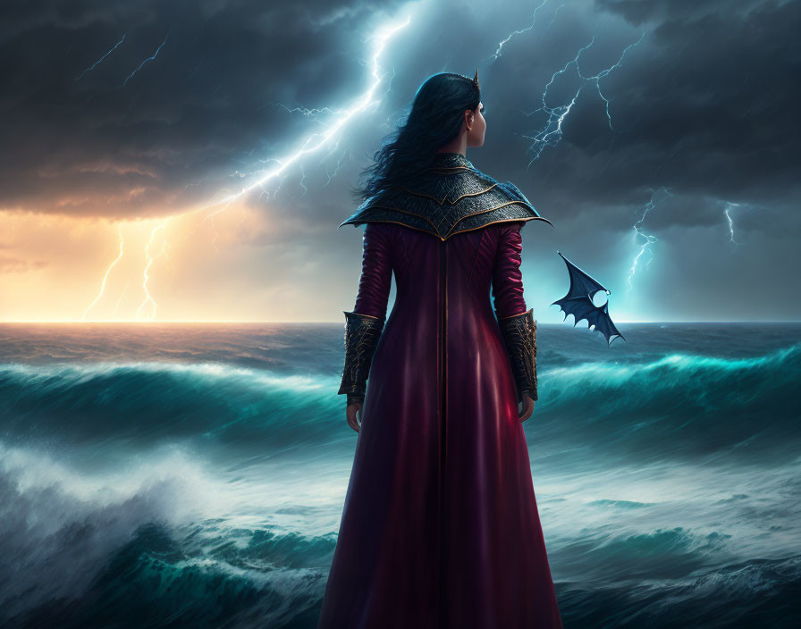 Medieval woman in dress on stormy shore with lightning.