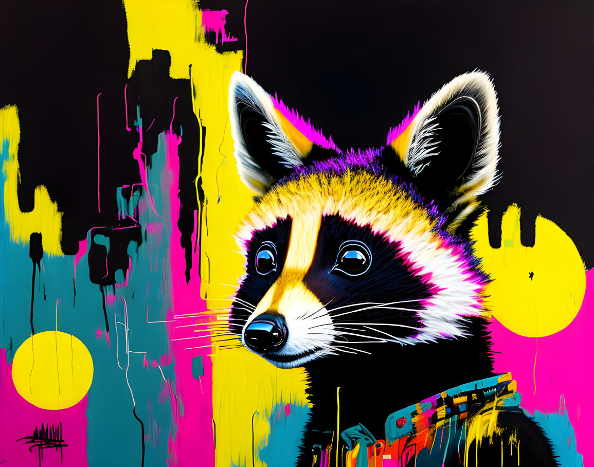 Colorful Pop Art Raccoon Painting with Neon Abstract Design