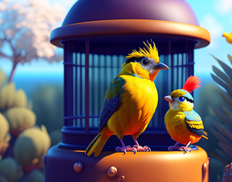 Vibrant yellow birds with blue accents in whimsical landscape