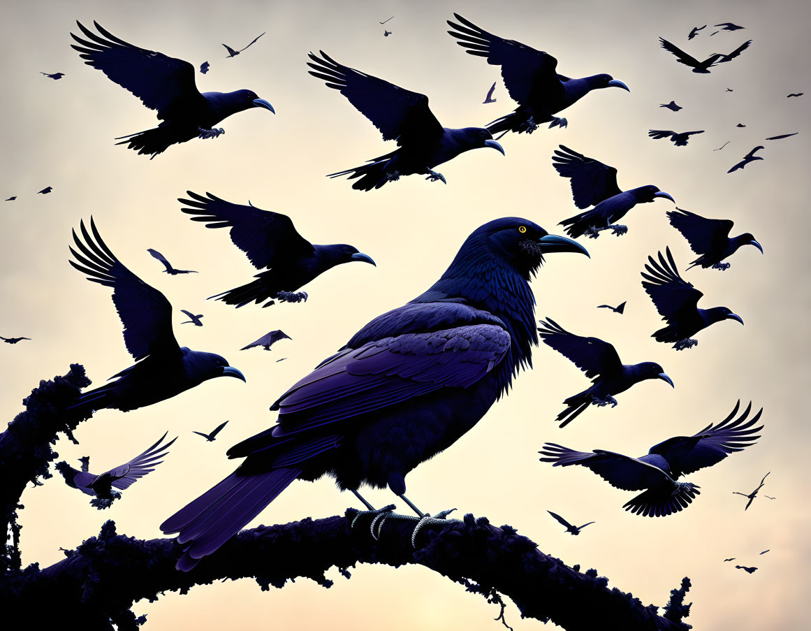 Silhouette of large raven on branch with flock of birds in twilight sky