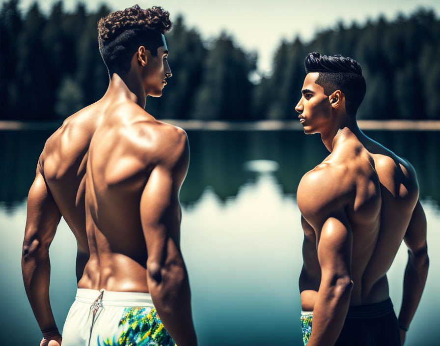 Muscular men near lake display physiques