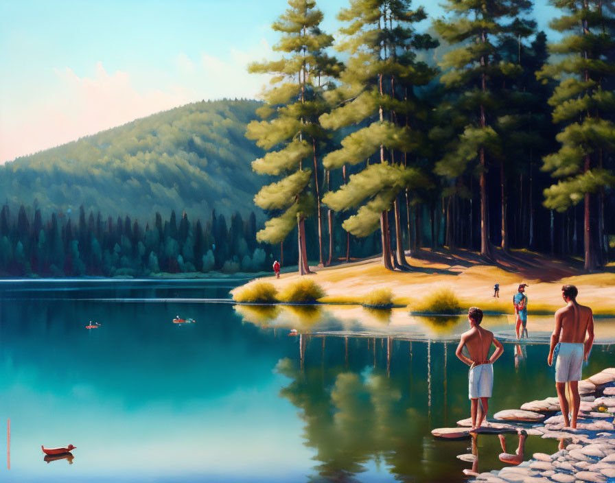 Tranquil lake scene with people, dog, trees, and forest view