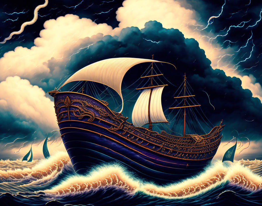 Ornate ship sailing turbulent seas under stormy sky