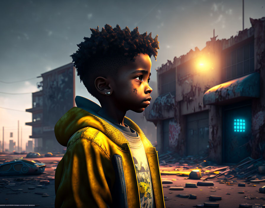 Young boy in hoodie in dystopian street scene with abandoned buildings and cars.