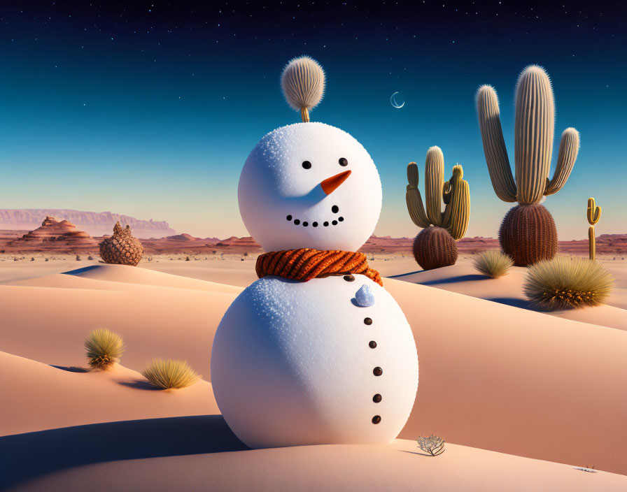 Snowman with carrot nose and scarf in desert landscape with cacti and sand dunes