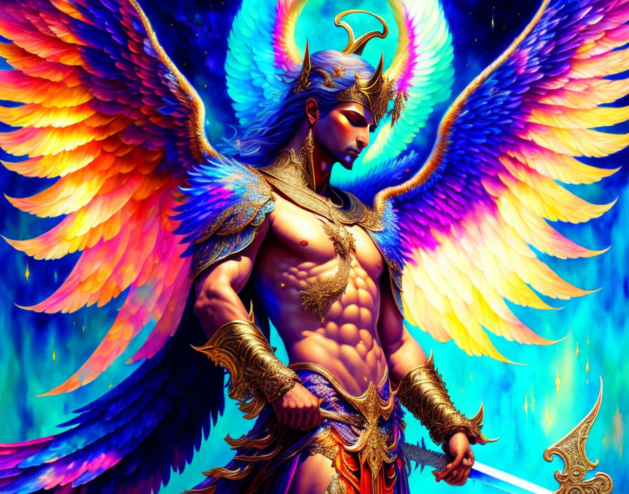 Colorful Mythical Warrior with Golden Armor and Sword