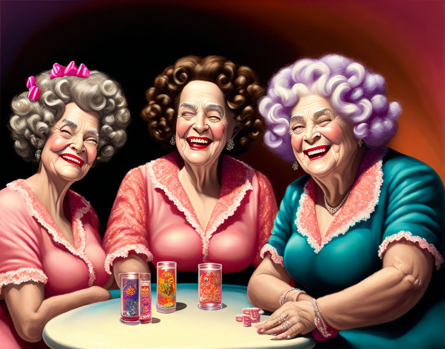 Colorful elderly women playing card game with drinks on red background