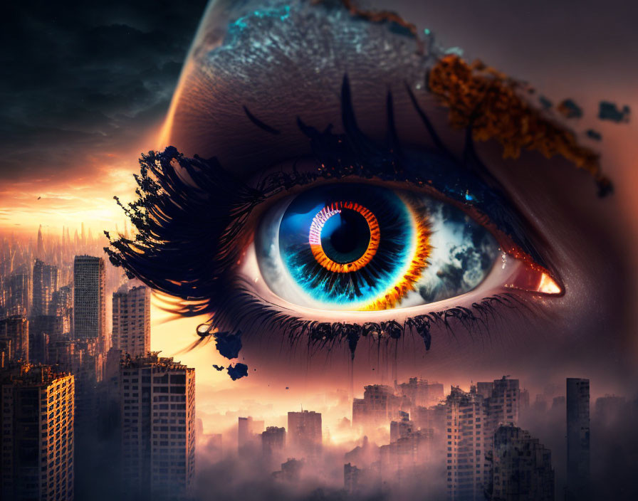 Close-up Human Eye with Dystopian Cityscape and Apocalyptic Sky