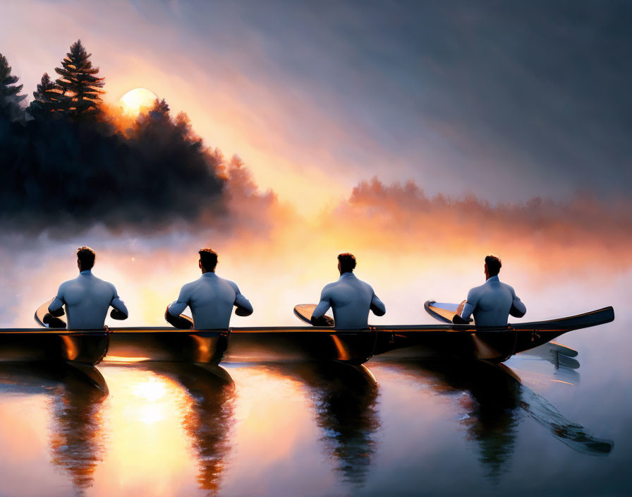 Rowers in boat on misty river at sunrise with golden light and sun peeking through trees