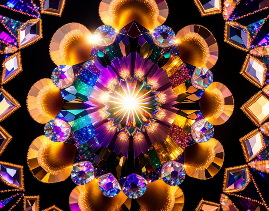 Colorful kaleidoscopic image with central light and glowing crystals.