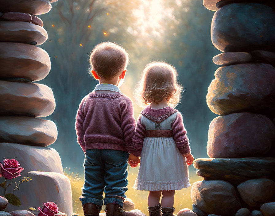 Children standing between stone stacks in mystical forest with blooming roses.