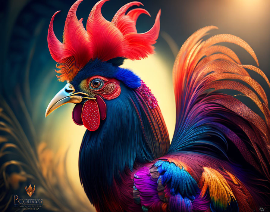 Colorful Rooster Illustration with Intricate Feathers in Blue, Purple, and Red