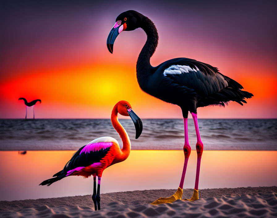 Stylized flamingo and stork birds on beach at sunset with vibrant colors